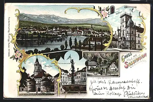 Lithographie Solothurn, Baselthor, St. Ursusbrunnen, Rathaus, Gesamtansicht