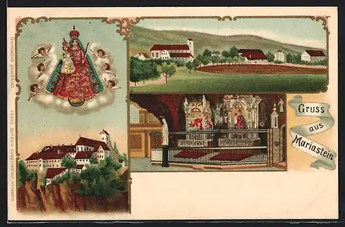 Lithographie Mariastein, Kloster, Aussen- und Innenansichten, Gnadenbild