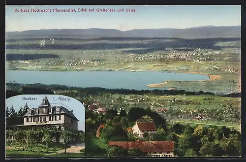 AK Pfannenstiel, Kurhaus Hochwacht, Blick auf Greifensee und Uster