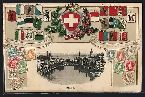 Passepartout-AK Zürich, Stadtansicht, Kantonwappen und Briefmarken