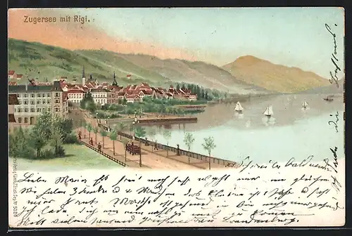Lithographie Künzli Nr. 5024: Zugersee mit Rigi, Berg mit Gesicht / Berggesichter