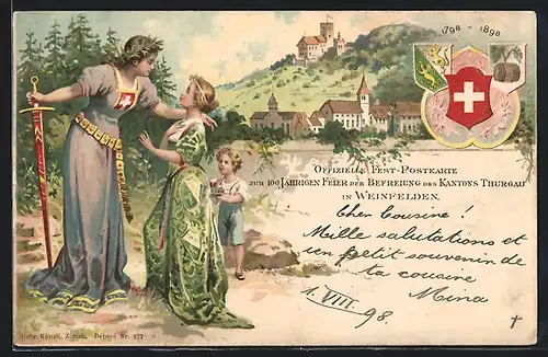 Lithographie Weinfelden, 100-jährige Feier der Befreiung des Kantons Thurgau 1898, Helvetia mit dankbarer Thurgauerin