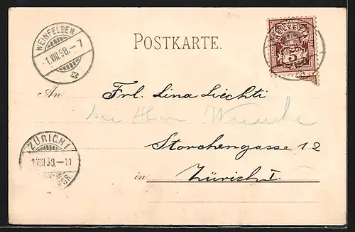 Lithographie Weinfelden, 100-jährige Feier der Befreiung des Kantons Thurgau 1898, Helvetia mit dankbarer Thurgauerin
