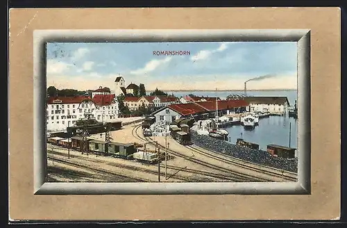 AK Romanshorn, Teilansicht mit Promenade und Bahngleisen