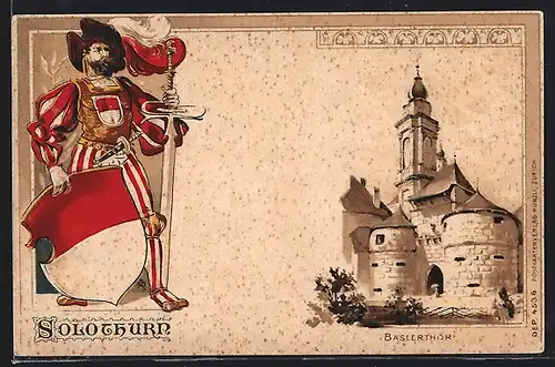 Lithographie Solothurn, Baslerthor, Knappe mit Schild und Schwert