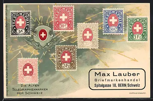 Lithographie Die alten Telegraphenmarken der Schweiz, Briefmarken und Wappen