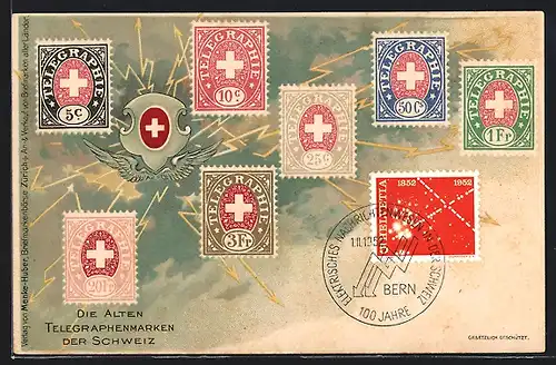 Lithographie Die alten Telegraphenmarken der Schweiz, Briefmarken mit verschiedenen Geldwerten