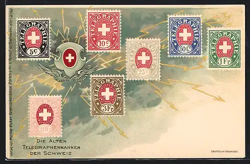 Lithographie Die alten Telegraphenmarken der Schweiz, Briefmarken und Wappen
