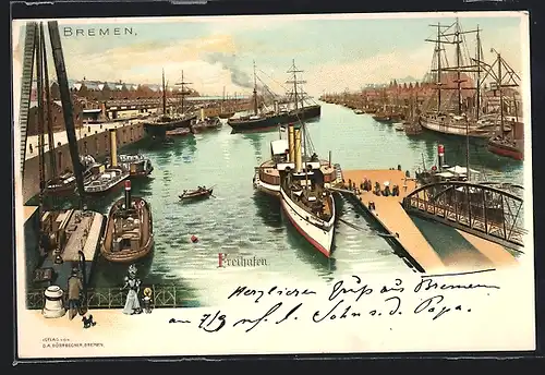 Lithographie Bremen, Freihafen mit Schiffen