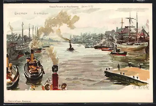 Künstler-AK Bremen, Blick in den Freihafen