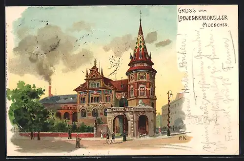 Lithographie München, Restaurant Löwenbräu-Keller mit Strassenpartie