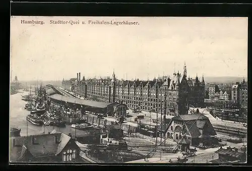 AK Hamburg, Stadttor-Quai und Freihafen-Lagerhäuser