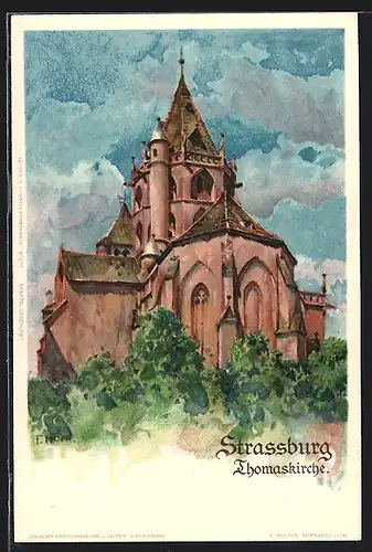 Künstler-Lithographie Franz Xaver Hoch: Strassburg, Thomaskirche