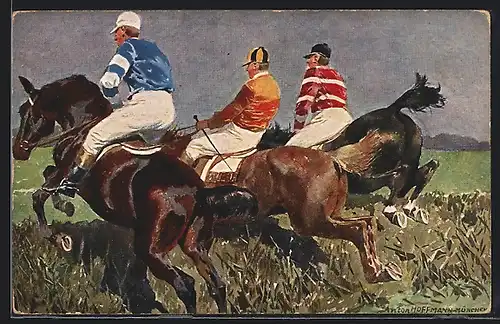 Künstler-AK Anton Hoffmann - München: Jockeys preschen mit ihren Pferden über eine Hecke