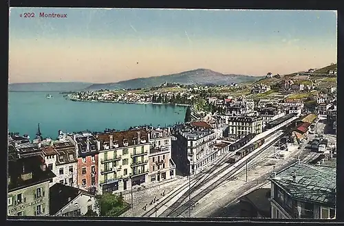 AK Montreux, Teilansicht mit Bahnhof aus der Vogelschau