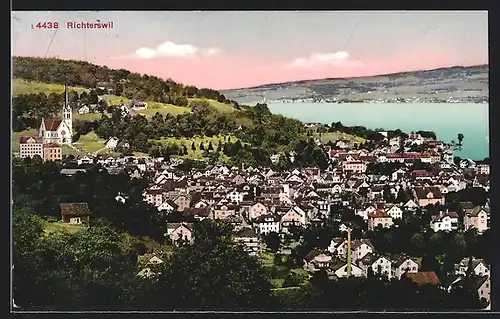 AK Richterswil, Ortsansicht mit Kirche und See