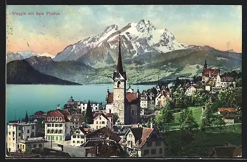 AK Weggis, Ortsansicht mit dem Pilatus