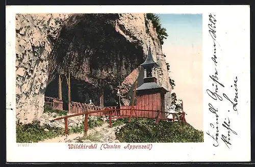AK Wildkirchli, Kirche und Jesuskreuz vor Höhleneingang