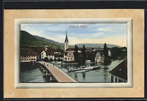 AK Stein a. Rhein, Uferpartie mit Brücke