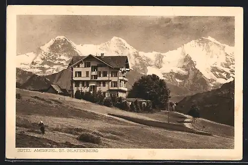 AK St. Beatenberg, Hotel Amisbühl vor verschneiten Bergen