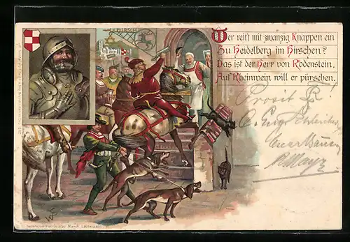 Lithographie Heidelberg, der Herr von Rodenstein will auf Rheinwein pürschen, Ritter, Hunde
