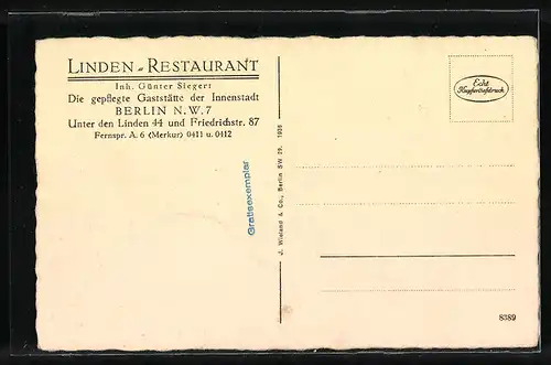 AK Berlin, Linden Restaurant, Inh. Günter Siegert, Unter den Linden 44