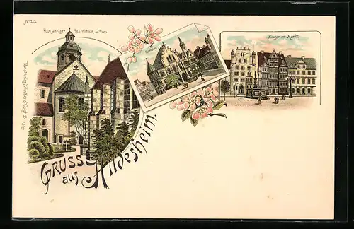 Lithographie Hildesheim, 1000 jähriger Rosenstock, Rathaus und Häuser am Markt