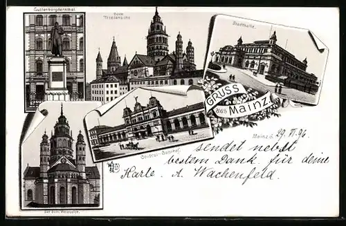 Lithographie Mainz, Dom, Stadthalle, Gutenbergdenkmal