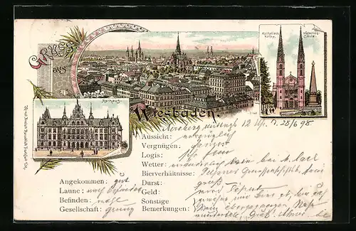 Lithographie Wiesbaden, Rathaus, Katholische Kirche, Waterloo-Säule, Ortsansicht