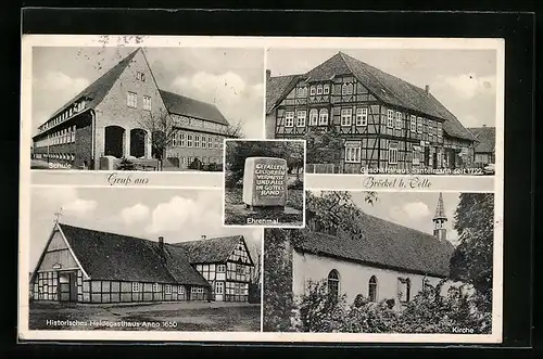 AK Bröckel b. Celle, historisches Heidegasthaus anno 1650, Ehrenmal