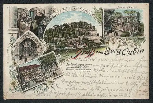 Lithographie Oybin, Kirche, Dorf, Ruine & Berg, Gesellschaftsplatz, Kreuzgang, Friedhof & Kirchruine