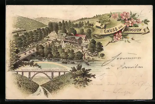 Lithographie Müngsten, Gesamtansicht mit Eisenbahnbrücke