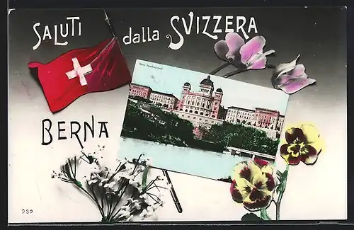 AK Bern, Bundespalast mit Blumen verziert und schweizer Flagge