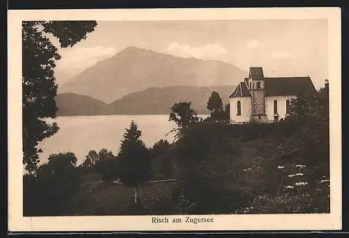 AK Risch am Zugersee, Partie an der Kirche mit Blick auf den See