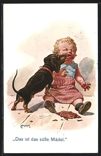 Künstler-AK Carl Moos: Das ist das süsse Mädel mit Dackel
