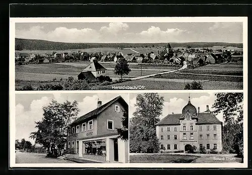AK Heroldsbach /Ofr., Gesamtansicht, Schloss, Thurn, Bäckerei u. Lebensmittel Georg Ort