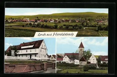 AK Heroldsbach, Gasthaus z. frohen Einkehr, Panorama, Kirche