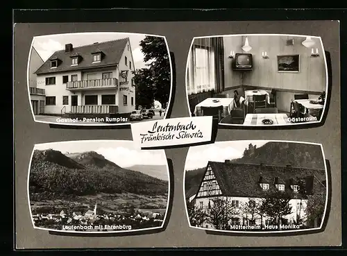 AK Leutenbach /Fränk. Schweiz, Gasthof-Pension Rumpler, Ortsansicht mit Ehrenbürg