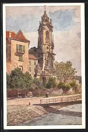 Künstler-AK Rudolf Schmidt: Dürnstein, Ortspartie mit Kirche