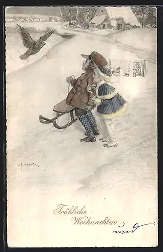 Künstler-AK H. Schubert: Fröhliche Weihnachten, Kinder mit Schlitten betrachten einen Vogel