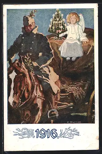 Künstler-AK Karl Alex Wilke: Engel mit Tanne beschützt Soldaten zu Pferde, 1916