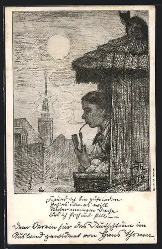 Künstler-AK Hans Thoma: Pfeife rauchender Mann am Dachfenster