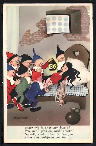 Künstler-AK Willy Schermele: Schneewittchen liegt im Bett der 7 Zwerge