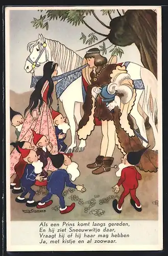 Künstler-AK Willy Schermele: der Prinz mit Schneewittchen und den Zwergen