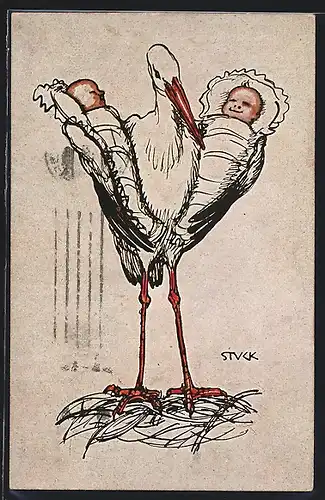 Künstler-AK Franz Stuck: Storch liefert Babies aus