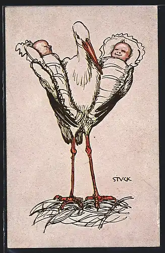 Künstler-AK Franz Stuck: Storch liefert Babies aus