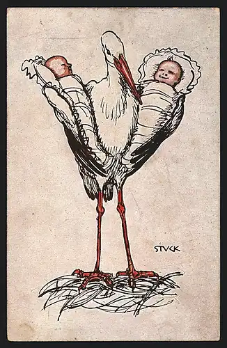 Künstler-AK Franz Stuck: Storch liefert Babies aus