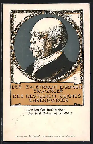 Künstler-AK Bismarck, Seitenansicht des Kopfes, Spruch