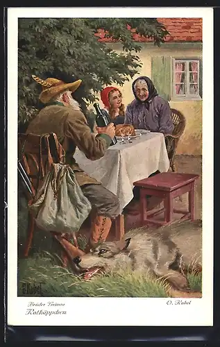 Künstler-AK Otto Kubel: Rotkäppchen mit Grossmutter und Jäger nach der Rettung