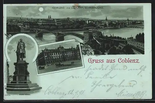 Lithographie Coblenz, Goeben-Denkmal, Kaiserl. Postamt, Totale mit Eisenbahnbrücke